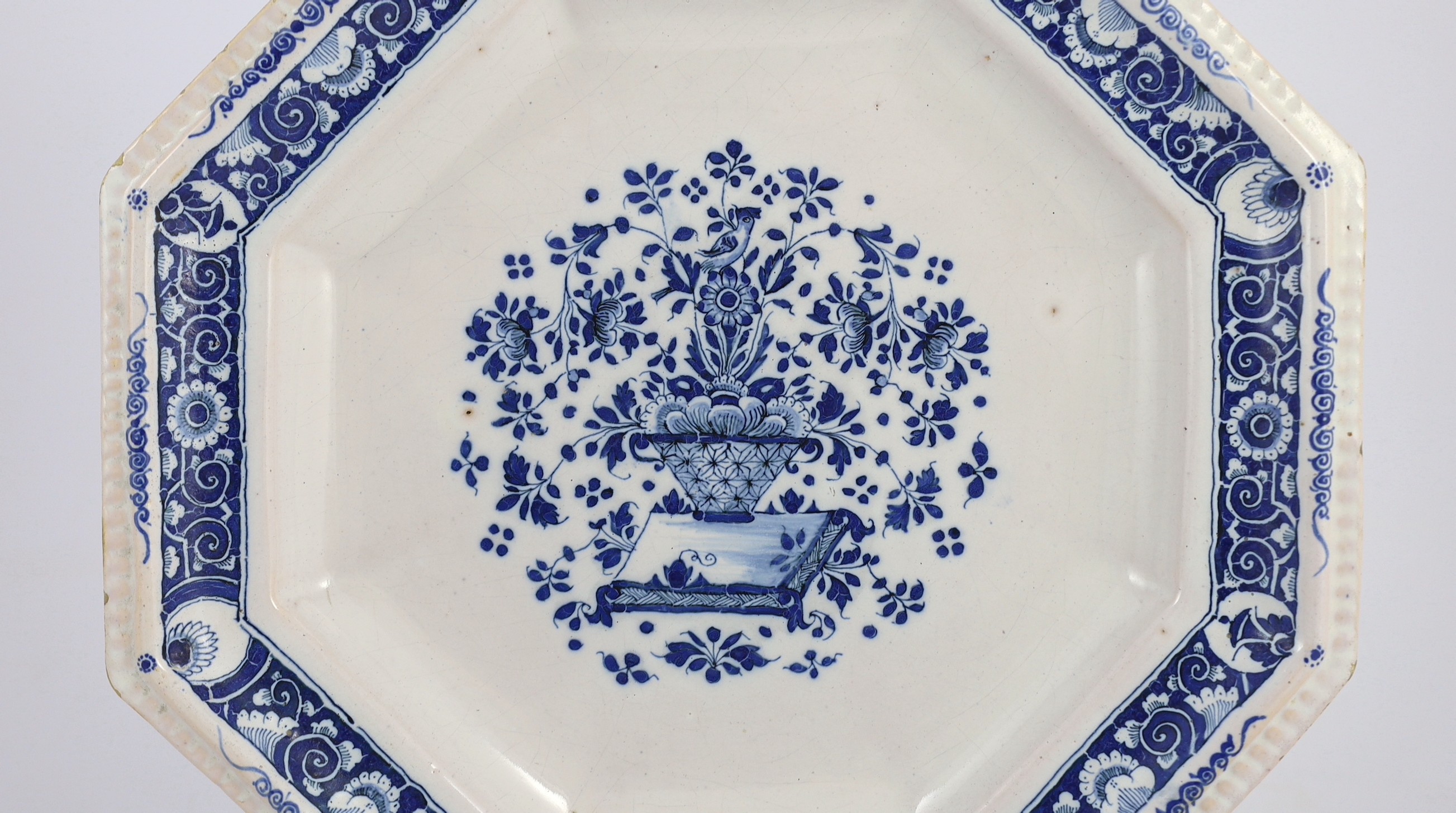 A large Strasbourg faience octagonal dish, c.1720-40, 35.5cm wide